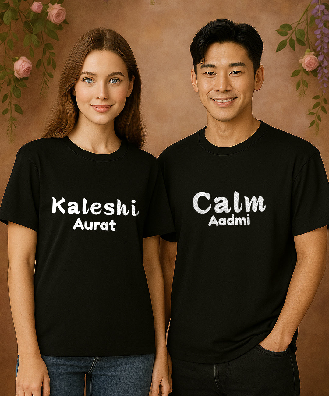 Couple T-Shirts – Calm Aadmi & Kaleshi Aurat Matching Set | 100% Cotton | Black | S–XXL