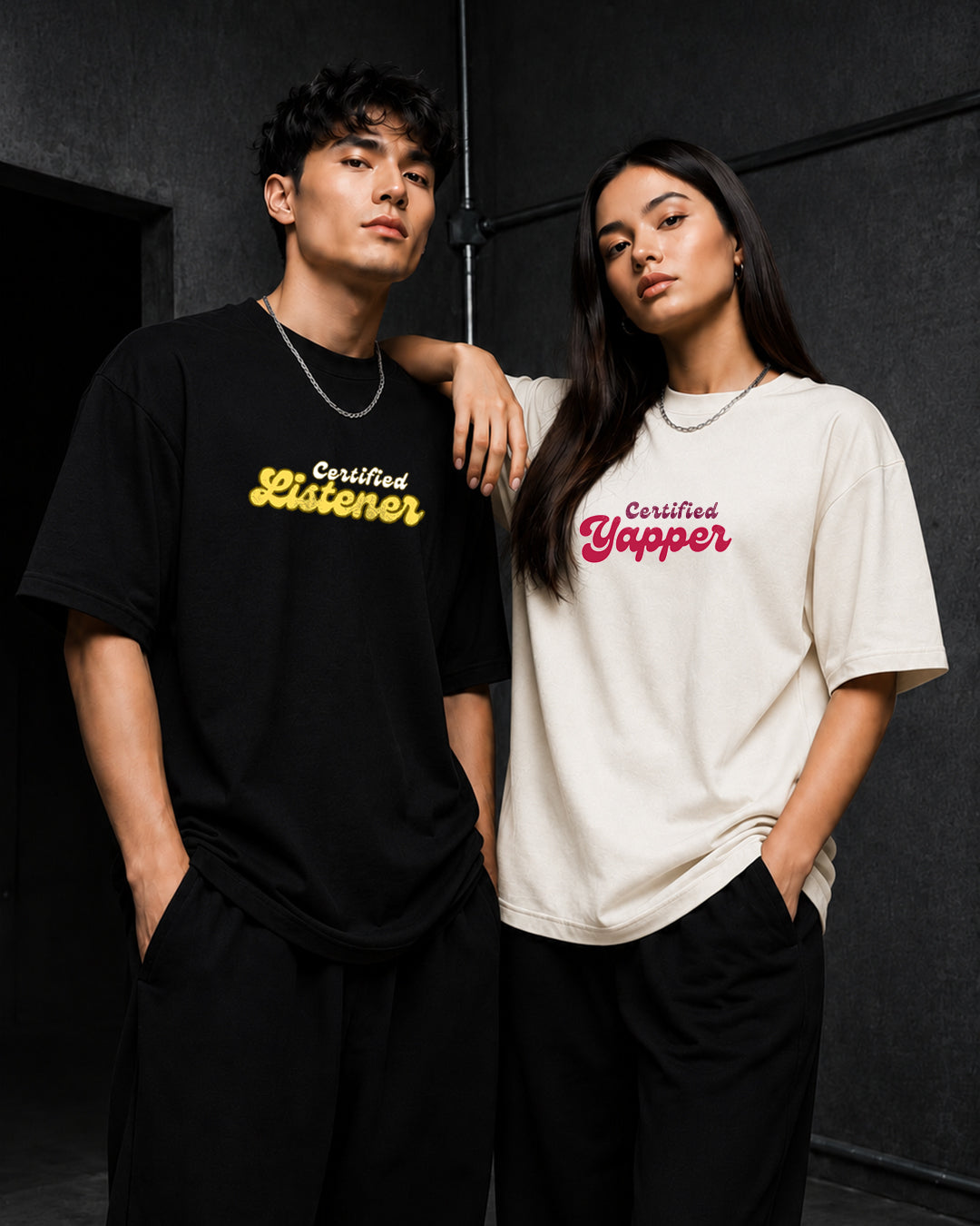 Certified Listener & Certified Yapper Matching Couple T-Shirt | Premium Cotton Couple Tee