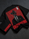 DVANS black oversized t-shirt with red and black optical graphic and bold Overthinking typography.