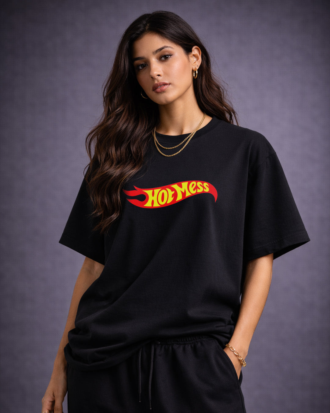 Hot Mess Oversized Graphic Tee – Y2K Racing Logo Black T-Shirt