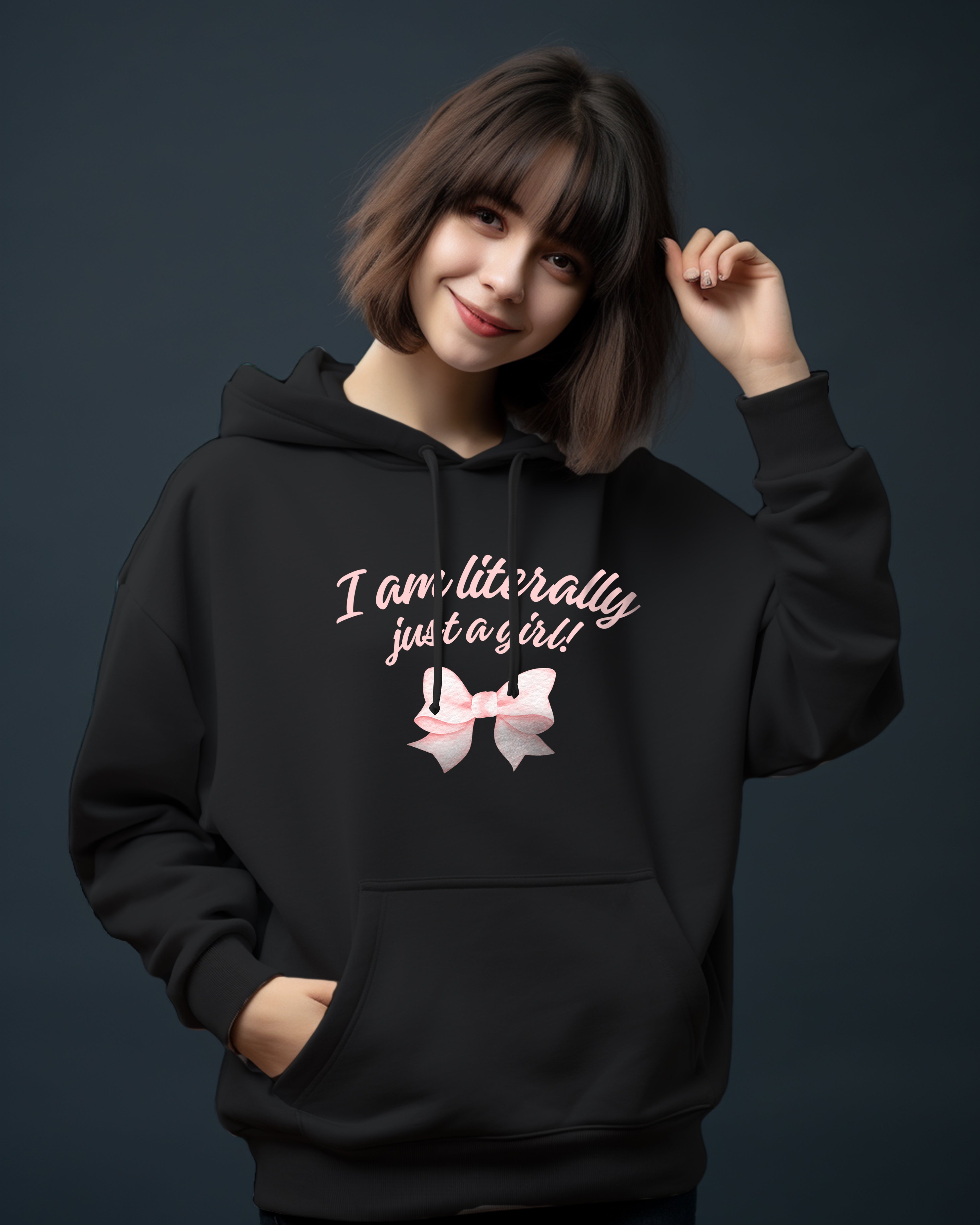 I Am Literally Just a Girl” Hoodie for Women | Cute Aesthetic Bow Print Oversized Hoodie | Soft Cotton Winter Wear for Girls