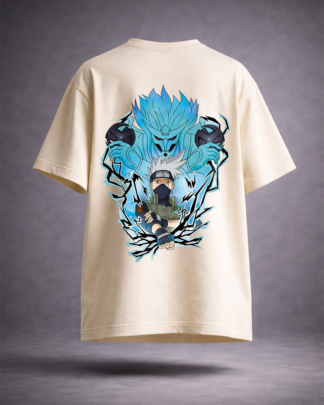 Men Oversize Fit Printed Round Neck Off White T-Shirt (Kakashi Anime Back Print)