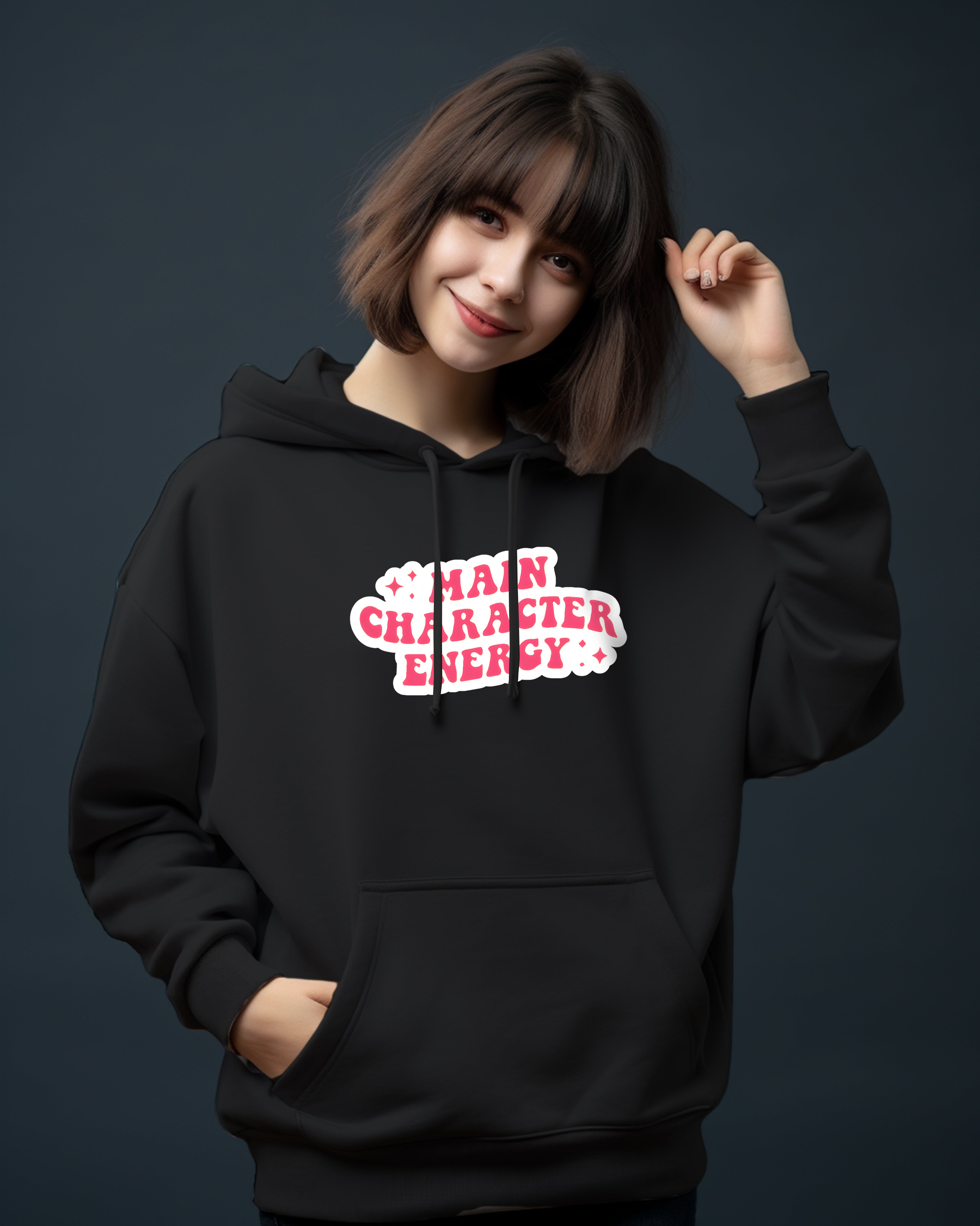 Main Character Energy Hoodie for Women | Trendy Oversized Graphic Hoodie | Streetwear Black Hoodie for Girls