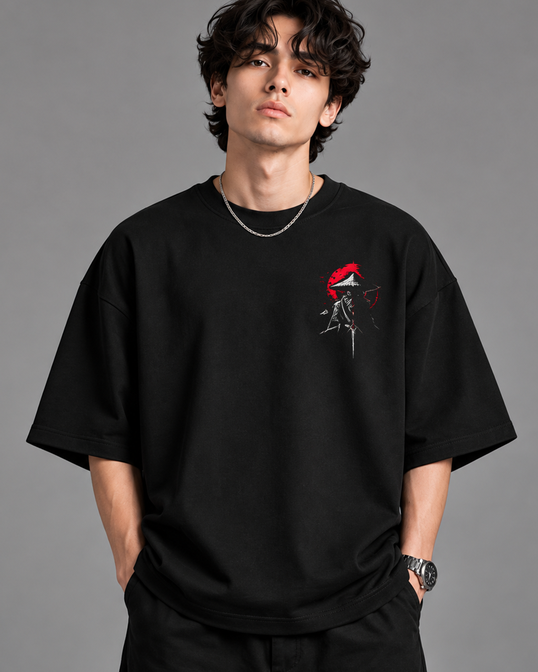 DVANS Japanese Samurai Graphic Oversized T-Shirt | Red Moon Black Streetwear Tee