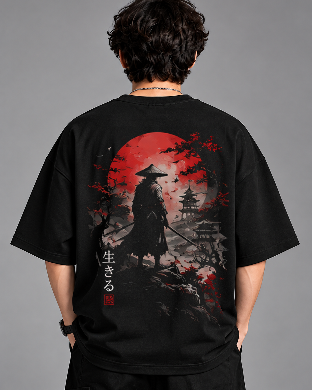 DVANS Japanese Samurai Graphic Oversized T-Shirt | Red Moon Black Streetwear Tee