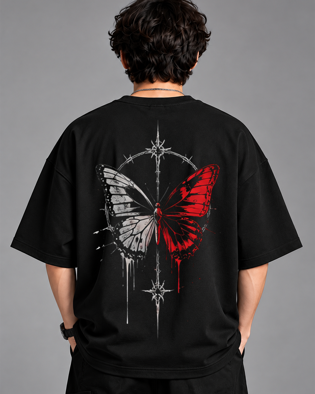 DVANS Red & White Butterfly Graphic Oversized T-Shirt | Black Streetwear Tee