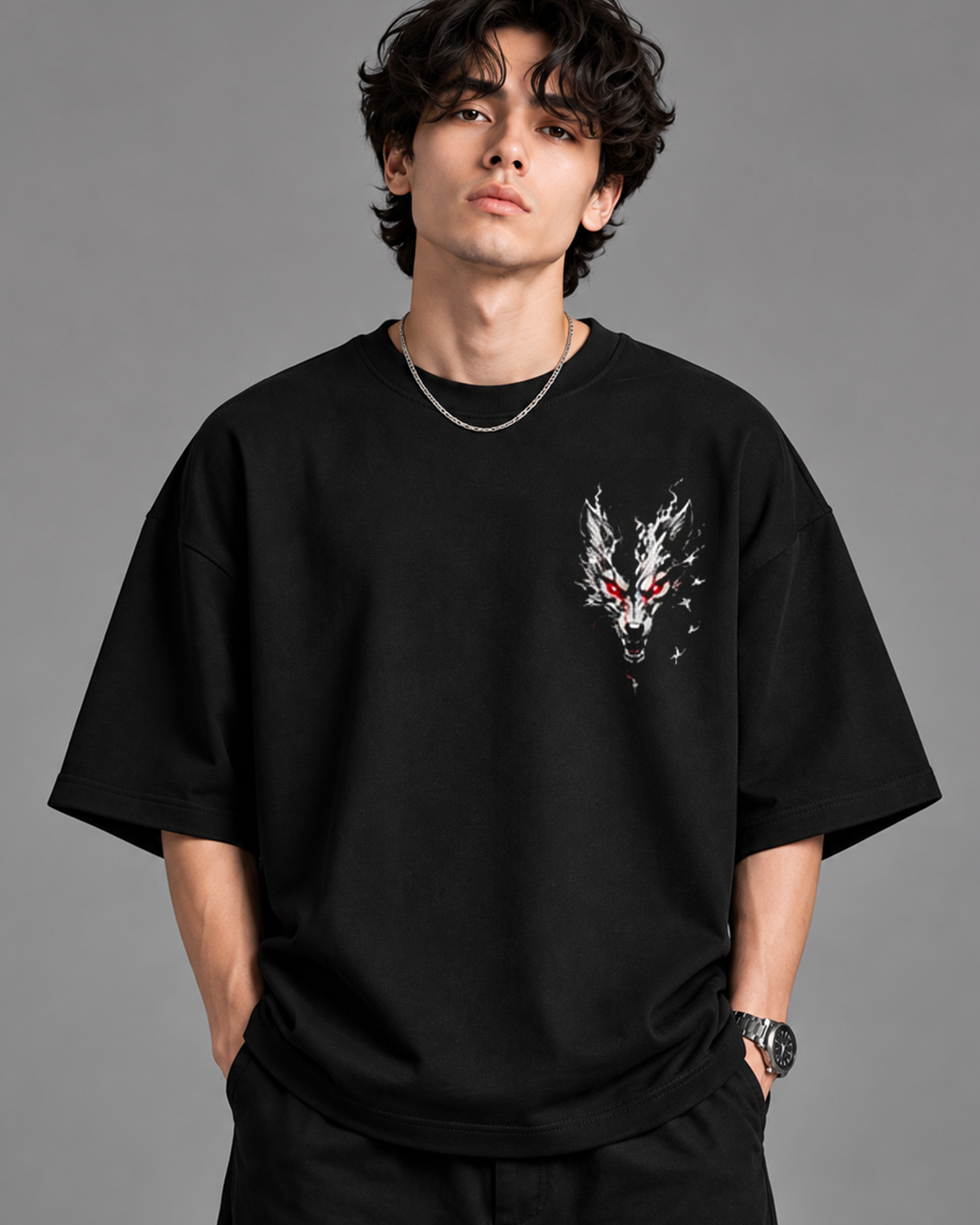 DVANS Crimson Wolf Graphic Oversized T-Shirt | Black Streetwear Tee