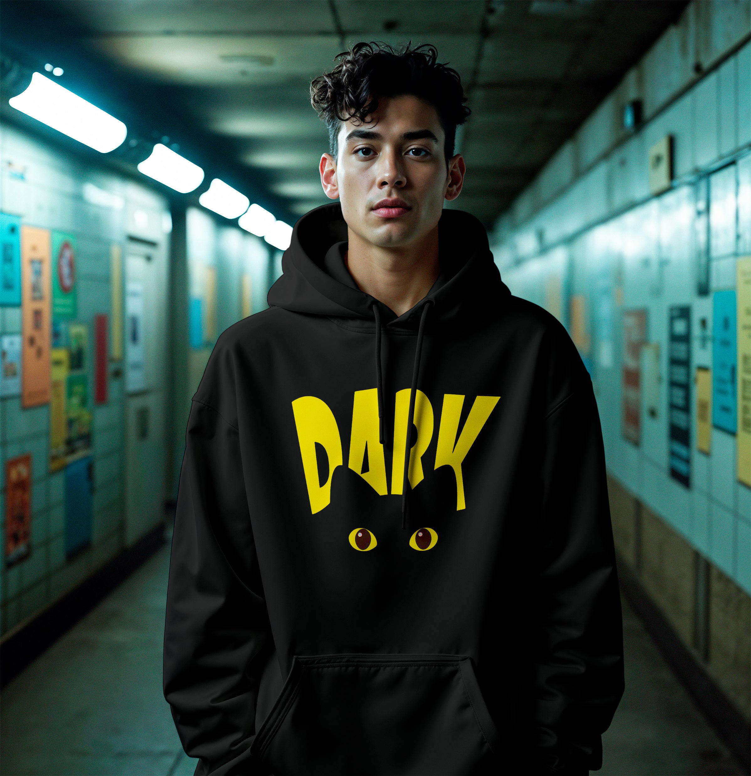 DARK Cat Print Black Hoodie for Men – Front or Back Print Option | Oversized Streetwear Hoodie For Men