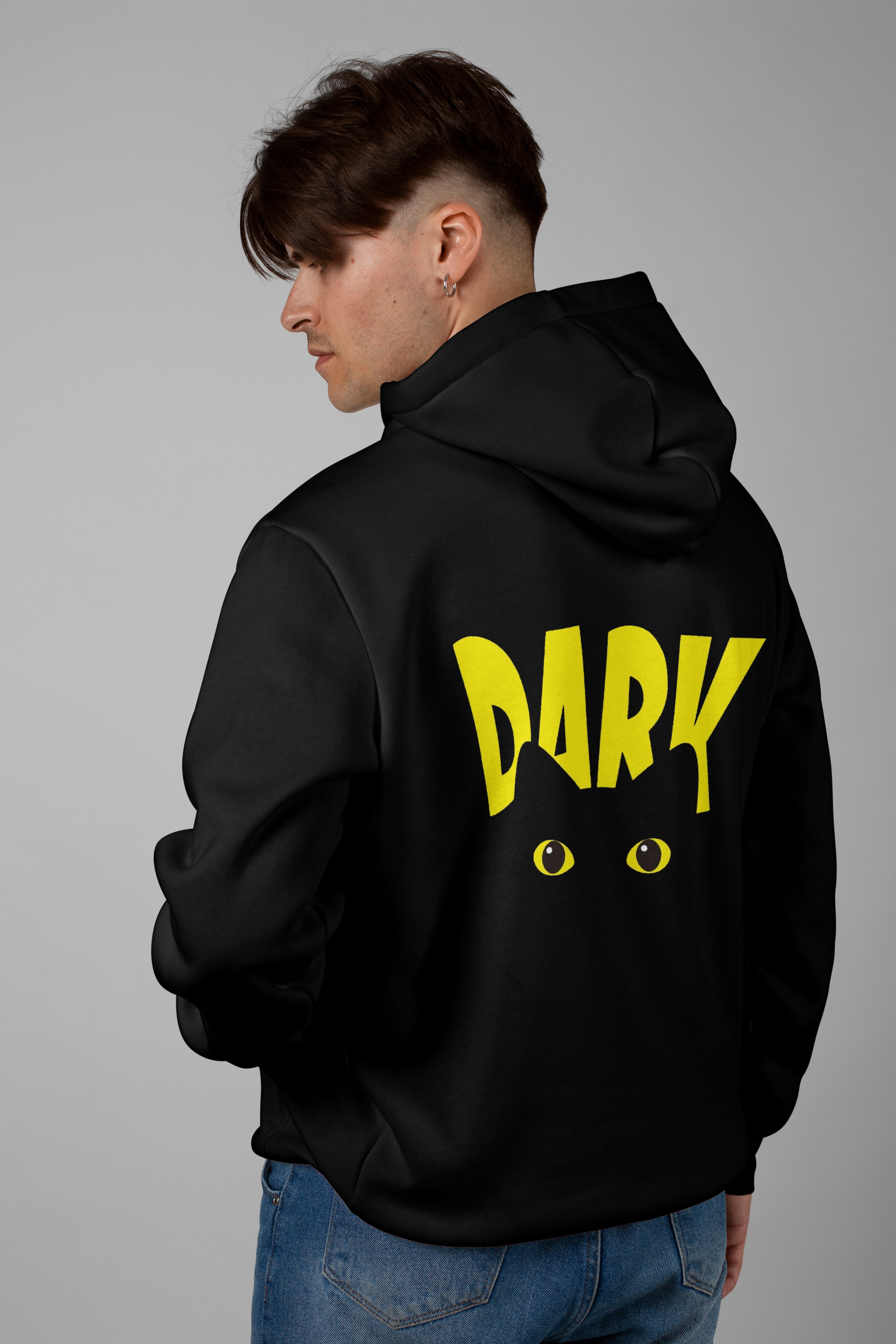 DARK Cat Print Black Hoodie for Men – Front or Back Print Option | Oversized Streetwear Hoodie For Men